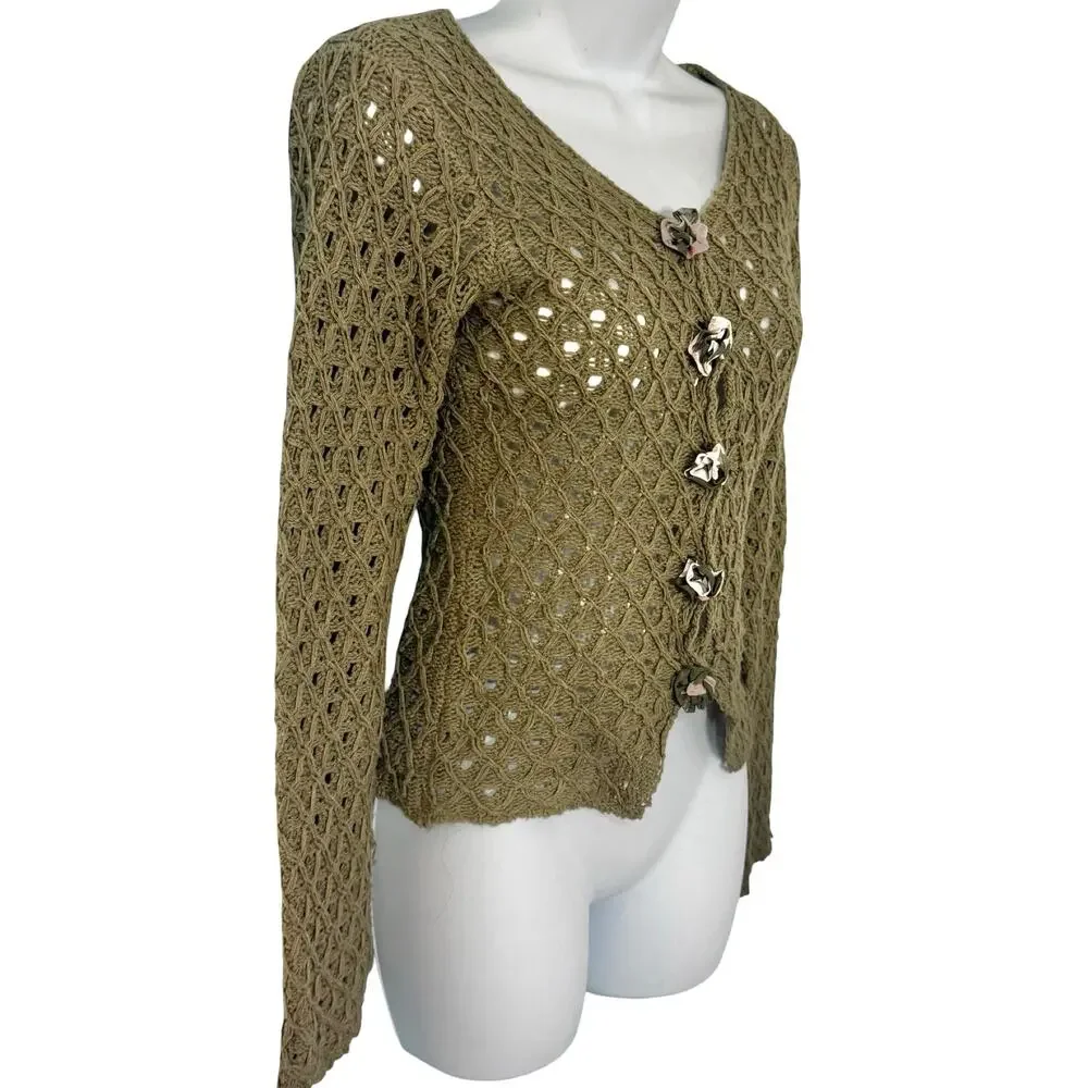 UNIF Olive Green Crochet Open Knit Rose Flower Snap Front Cardigan Sweater sz S - Picture 11 of 11